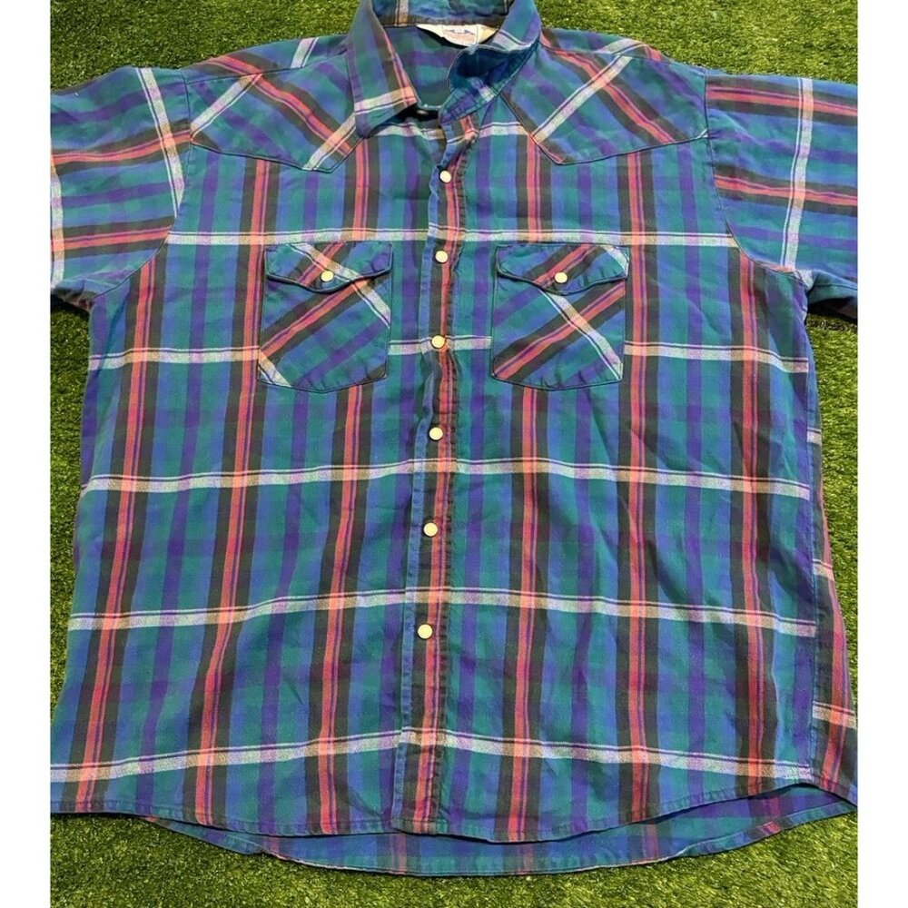 Vintage five brother shirt mens XL blue green pearl snap pockets western 39 - Picture 2 of 13